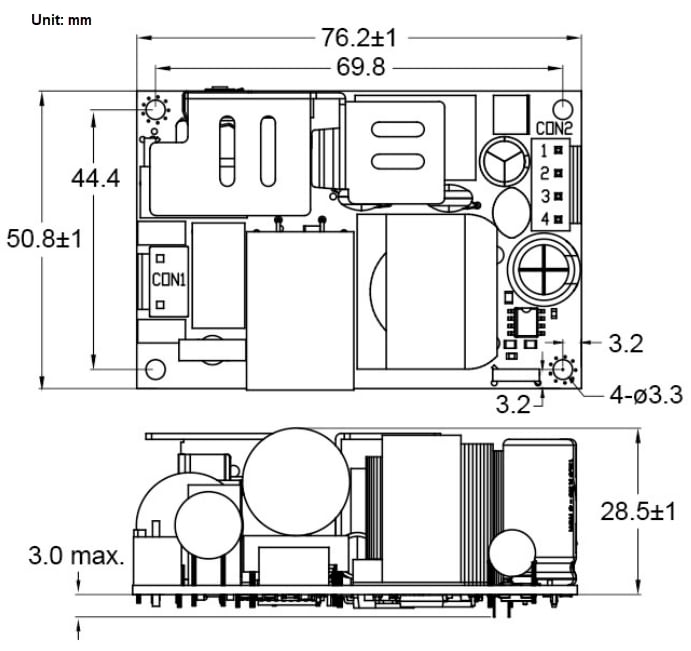 Plan mécanique - CUI Inc Alimentations électriques CA-CC VOF-130G